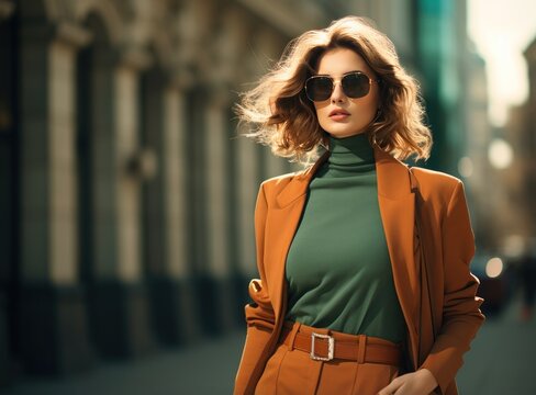 A girl in a trench coat walking down the street of town with hat and sunglasses