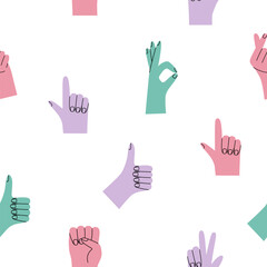 Fototapeta premium Seamless pattern with bright hand gestures. Positive vector wallpaper. Stationary decorating, wrapping paper, clothes design