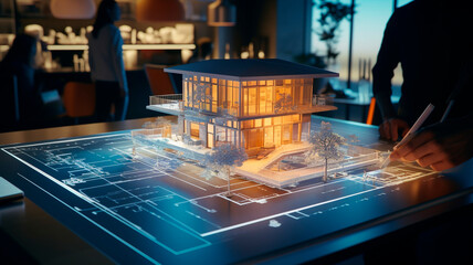 Architectural sketches of a residential building , are converted into a three-dimensional holographic image. Generative AI