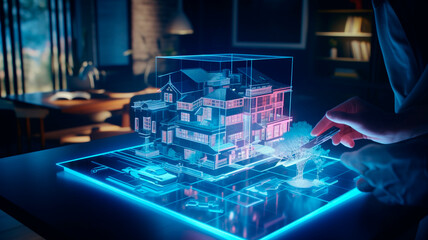 Architectural sketches of a residential building , are converted into a three-dimensional holographic image. Generative AI