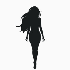 Young woman with long hair. Black silhouette. Vector illustration