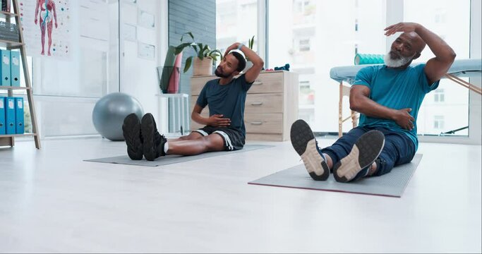 Fitness workout, people stretching neck or personal trainer with senior client for exercise, healing or recovery. Physical therapy, physiotherapy or mature black man training with physiotherapist