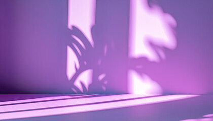 Abstract studio purple background for product presentation. Empty room with shadows of window and flowers and palm leaves . 3d room with copy space. Summer concert. backdrop. beauty product placement.