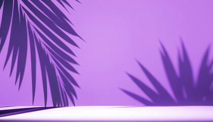 Naklejka premium Abstract studio purple background for product presentation. Empty room with shadows of window and flowers and palm leaves . 3d room with copy space. Summer concert. backdrop. beauty product placement.