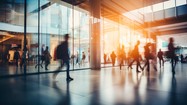 A softly unfocused backdrop captures the essence of a contemporary shopping mall, adorned with the graceful movement of shoppers who traverse its halls in search, Generative AI