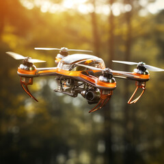 Fototapeta premium Close up of a flying unmanned aerial vehicle, flying drone