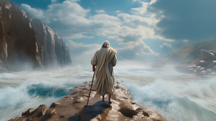Religious biblical concept, the story of Moses parting the sea, flight from Pharaoh, the Jews, belief in God and Jesus Christ , the liberation of the Jews from Egyptian captivity, the miracle . - obrazy, fototapety, plakaty