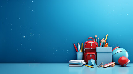 Concept back to school. Full  school backpack and smartphone, eyeglasses, alarm clock with stationery on table, copy space