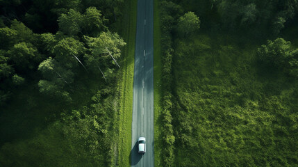 Aerial view of curved country road with car and green summer woods.