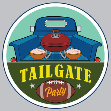 A tailgate party with a blue pickup truck.