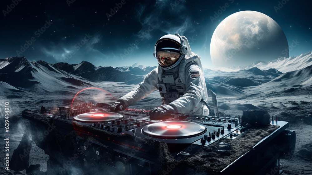 Wall mural astronaut dj throws a party on another planet, dj console on the moon, generative ai