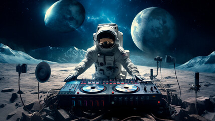 astronaut dj throws a party on another planet, dj console on the moon, Generative AI  - obrazy, fototapety, plakaty