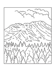 Mono line illustration of Mount St. Helens within Mount St. Helens National Volcanic Monument in Washington State done in monoline line art style.