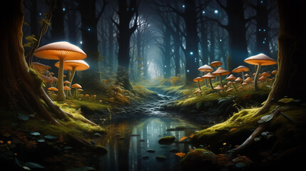 A vibrant forest scene with abundant mushrooms