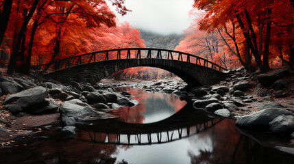 Peak Leaves Season - Stone bridge - black and white with color splash 