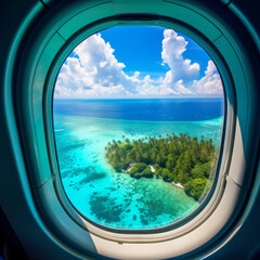 Fototapeta premium Tropical island with turquoise water aerial view through an aircraft window