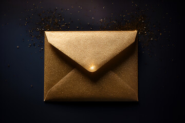 party, decoration and holidays concept - golden glitters and envelope on black background generative AI - obrazy, fototapety, plakaty