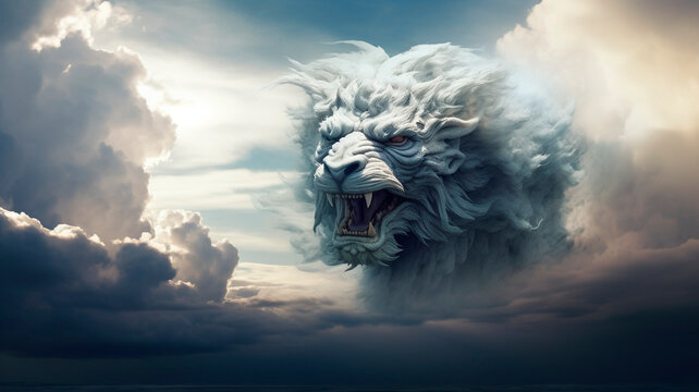 The sky adorned with dramatic clouds transforms, molding into the silhouette of a wondrous and mythical creature, Generative AI