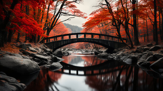 Stone Bridge over a Mountain Stream.  Black and White photo.  Red Color Splash.  