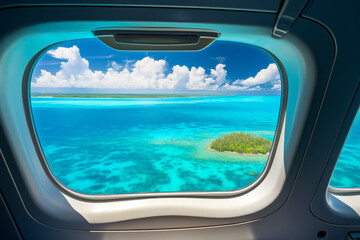 Tropical island with turquoise water aerial view through an aircraft window