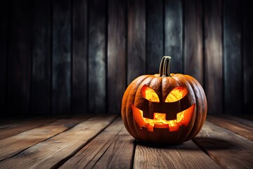 Halloween Pumpkin, Carved Jack Lantern, Scary Pumpkin on Table, Traditional Autumn Holiday