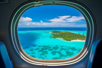 Fototapeta premium Tropical island with turquoise water aerial view through an aircraft window