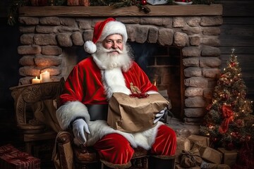 Santa Claus with Christmas Gifts Pile, Saint Nicholas Sitting by the Fireplace, Xmas Presents