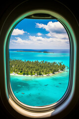 Tropical island with turquoise water aerial view through an aircraft window