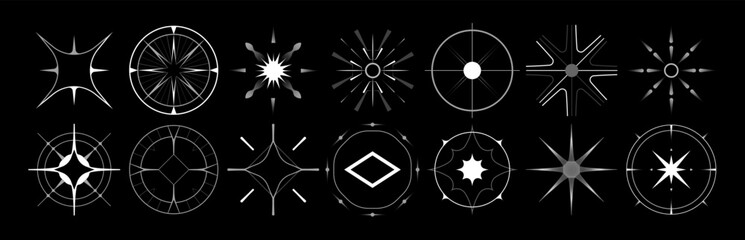 Set of stars and flares vector Y2k shapes. Astrological decorative vintage vector elements in art deco style. HUD Ui forms. Linear Victorian magic objects.   © crocolot