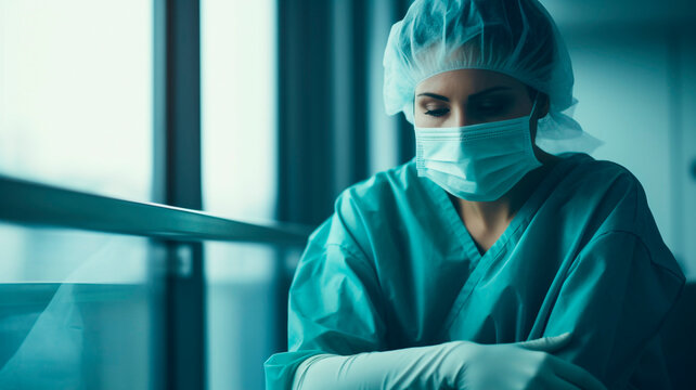 A female surgeon sits in a hospital corridor, distraught. wearing a surgical mask. Generative AI