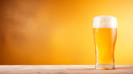 A background showcasing a frosted beer glass, with available space for text. The color exhibited is a distinct shade of yellow. Generative AI