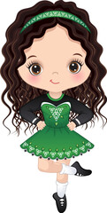 Vector Cute Girl Dancing Irish Dance in Traditional Celtic Dress