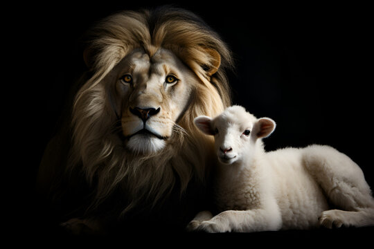 Lion and the Lamb together on black background, generative AI
