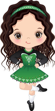 Vector Cute Girl Dancing Irish Dance in Traditional Celtic Dress