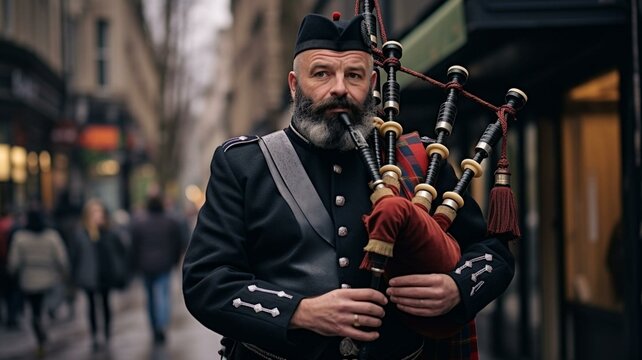 Man in a kilt playing the bagpipes