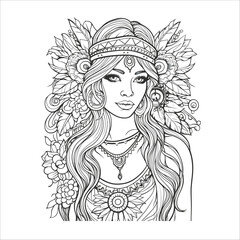 Boho style hippie girls coloring page