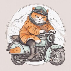 A cute fat cat helmet riding a motorcycle watercolor sketch Grunge style generative ai illustration art
