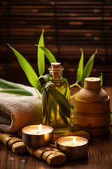 Close up of spa accessories, aroma oil therapy, candle and towel placed on bamboo mate