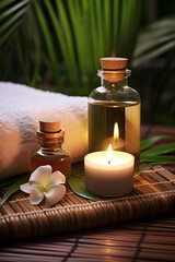 Obraz na płótnie Canvas Close up of spa accessories, aroma oil therapy, candle and towel placed on bamboo mate