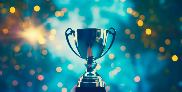 Hand holding Trophy cup on blue bokeh background, Generative AI 