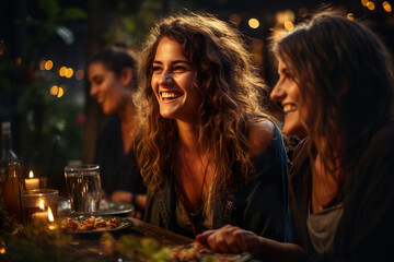 A young happy woman is spending the evening with friends at a restaurant.