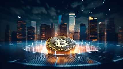 hologram of bitcoin in the sky above the skyscrapers , Generative AI 