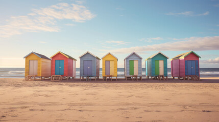 A vibrant row of beach huts on