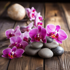 Fototapeta na wymiar Spa stones on wooden table with orchids, with space for text