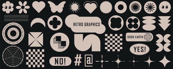 Set of stickers with naive playful abstract shapes in 90s retro style. Vector illustration with geometric elements.