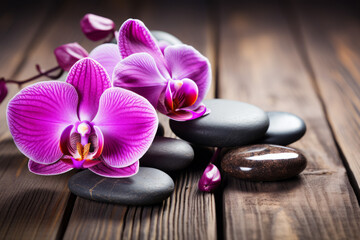 Obraz na płótnie Canvas Spa stones on wooden table with orchids, with space for text