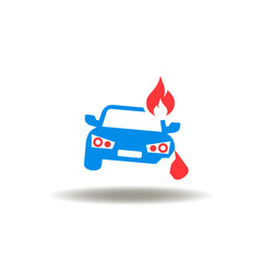 Vector illustration of car with broken wheel and fire. Icon of car accident.