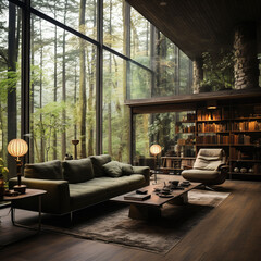 Nordic-style living room with large windows, natural light and warm colors.