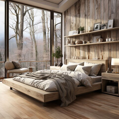 Nordic-style bedroom with natural wood in neutral colors.