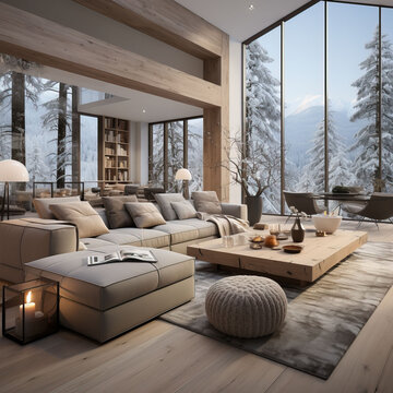 Nordic-style Living Room With Large Windows And Natural Light. Winter, Snowy Day. Lovely Natural Wood Furniture.